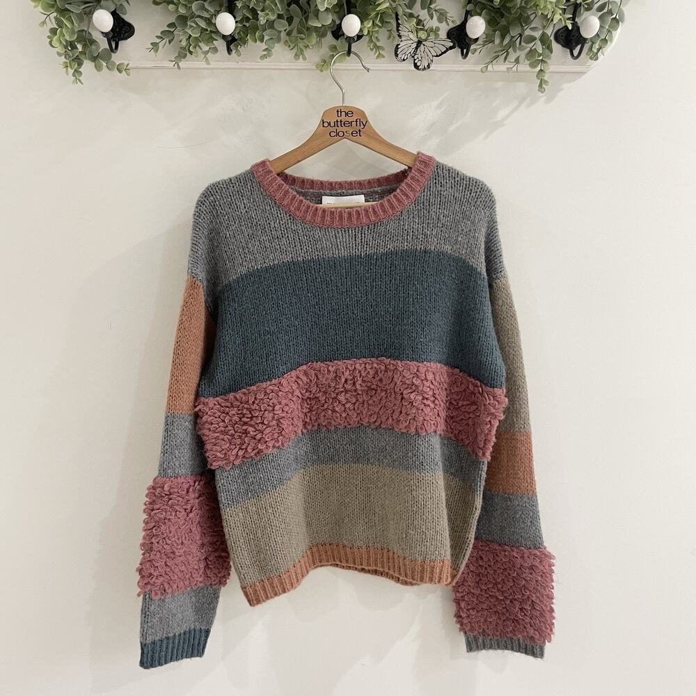 Self Contrast pink colorblock Striped Textured Oversize Sweater Sz L new